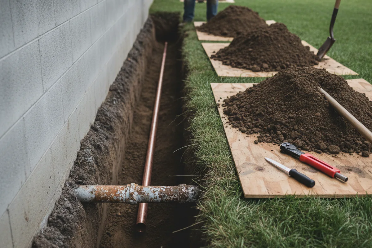 Excavated water line trench during Sewer Line Repair in Graettinger